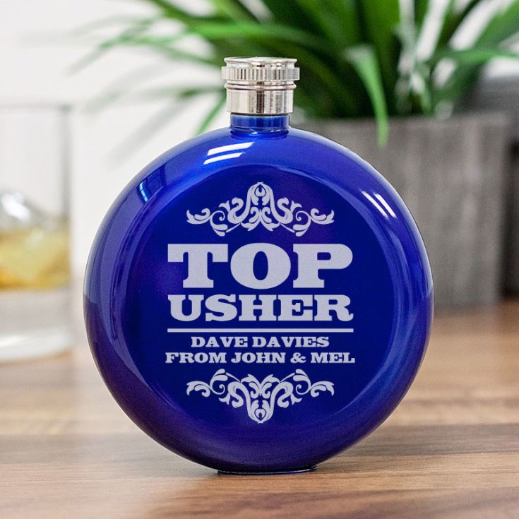 Personalised Usher Round Blue Stainless Steel Hipflask product image