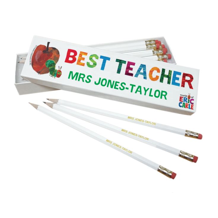 Personalised Very Hungry Caterpillar Best Teacher 12 White Pencils in White Box product image