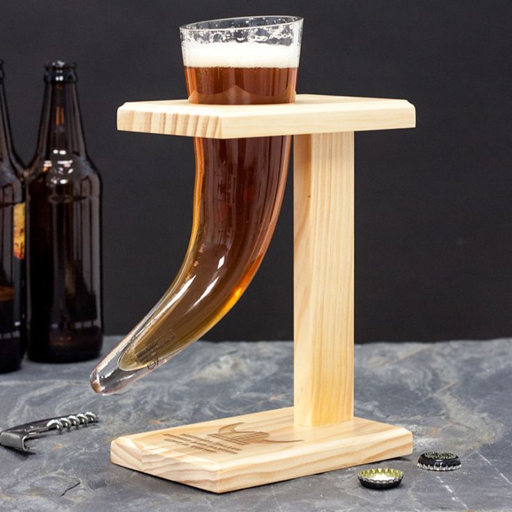 Viking Beer Horn With Personalised Wooden Stand product image