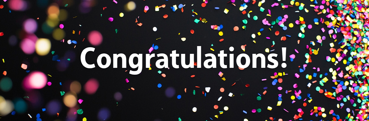 Congratulations text on black background with colourful confetti celebration design, festive congratulatory message graphic