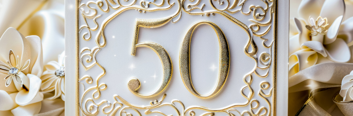 50th anniversary card propped up by decorative flowers, perfect for celebrating a golden wedding anniversary