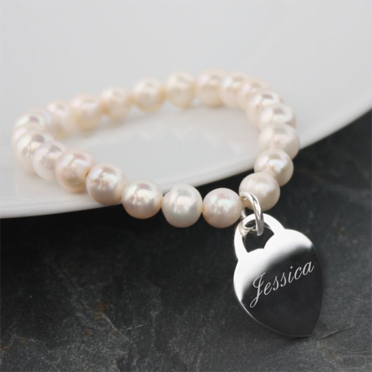 Freshwater Pearl Bracelet with Engraved Silver Heart