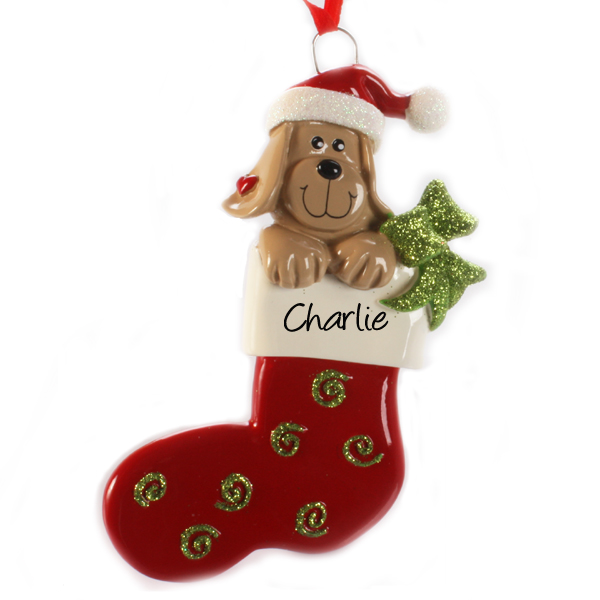 Personalised Dog In Stocking Hanging Ornament and Baubles The