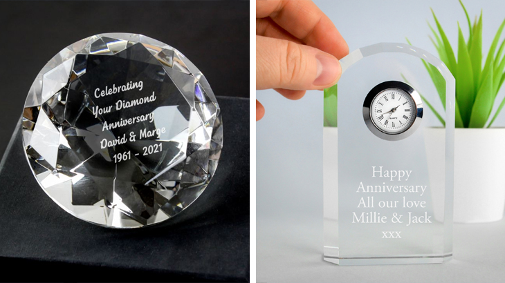 Engraved paperweight and mantel clock, perfect personalised anniversary gifts for celebrating milestones and special occasions