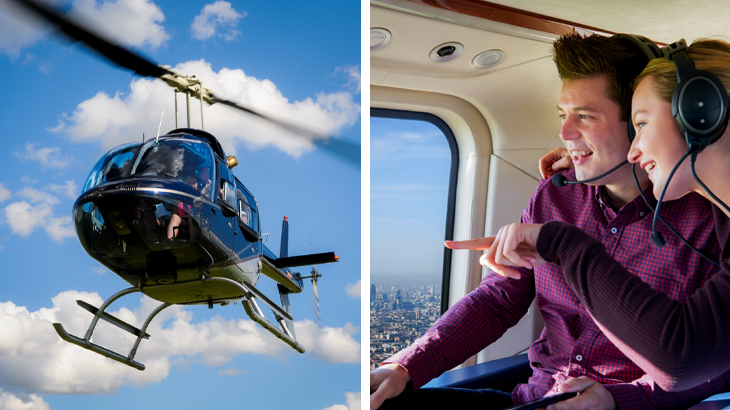 Couple enjoying scenic view from helicopter flying in the sky, luxury aerial experience over London