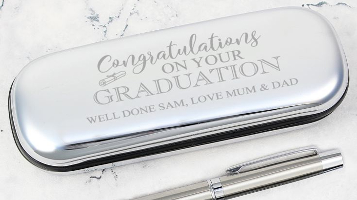 Personalised graduation pen and silver pen box engraved with 'Congratulations on your graduation' and custom message