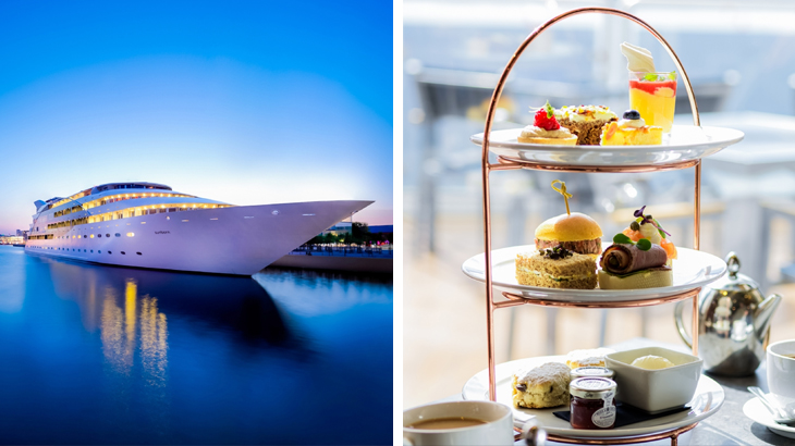 Luxury Sunborn Yacht Hotel London with 3-tier afternoon tea featuring savoury and sweet treats, premium dining experience