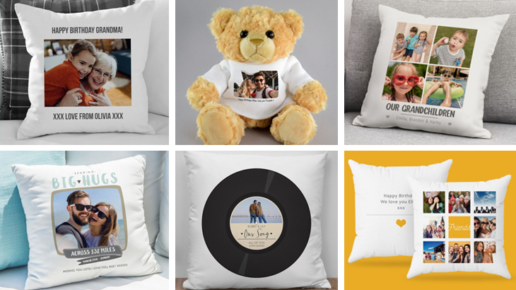 A range of personalised photo cushion designs and a personalised teddy bear