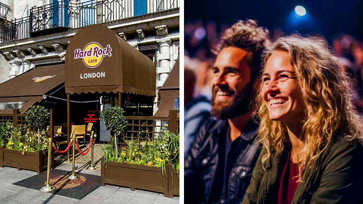 Exterior of Hard Rock Cafe London with couple enjoying West End theatre show, dining and entertainment experience
