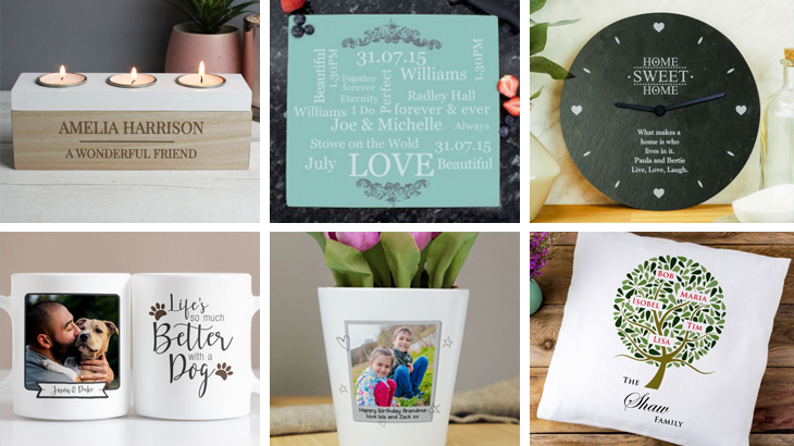 A range of personalised gifts from The Gift Experience including a clock, chopping board, mug, plant pot, cushion and wooden tealight holder