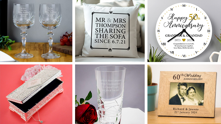 Selection of anniversary gifts including personalised cushions, clocks, photo frames, jewellery boxes, and engraved glasses and vases, perfect for celebrating love and special milestones