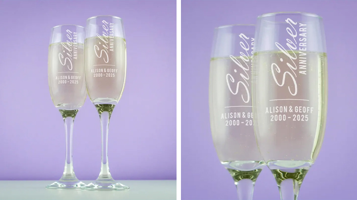 Pair of engraved silver anniversary champagne flutes, elegant personalised gift for celebrating 25 years of marriage