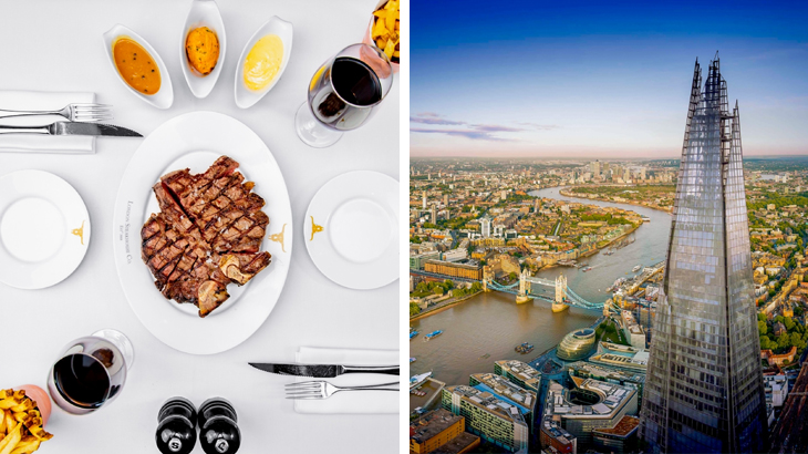 Aerial view of The Shard in London with a romantic steak dinner for two at Marco Pierre White's London steakhouse