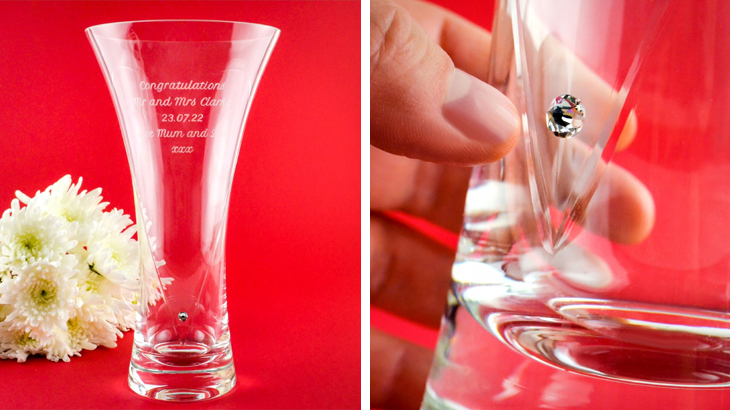 Personalised diamante vase with etched heart design, elegant 50th wedding anniversary or romantic gift idea