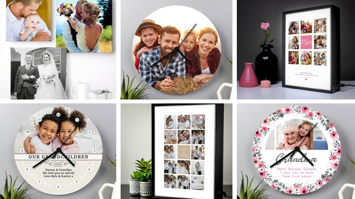 A range of personalised photo wall art designs including canvases, clocks, and light boxes