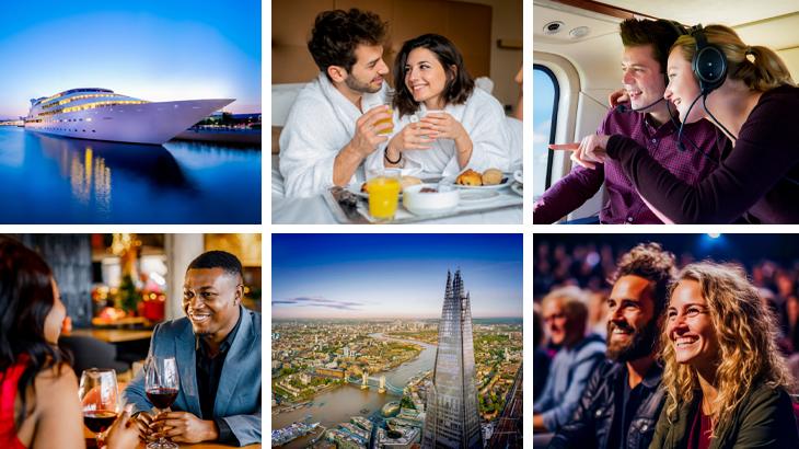 Selection of luxury anniversary gift experiences including superyacht hotel stay, helicopter rides, theatre shows, gourmet meals, and views from The Shard, perfect for romantic celebrations