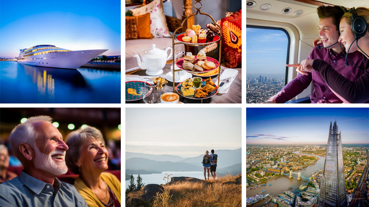 Luxury experience gifts including helicopter ride, Indian afternoon tea, superyacht hotel stay, West End show, national park adventure, and view from The Shard