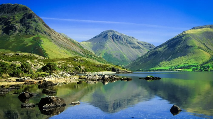 Scenic national park lake surrounded by rocky hills, outdoor adventure and nature travel destination