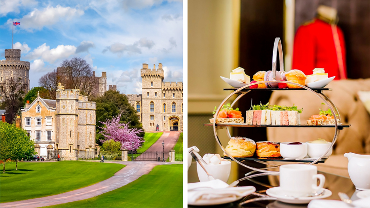 Windsor Castle and a three-tier afternoon tea set, perfect for a luxury wedding anniversary experience