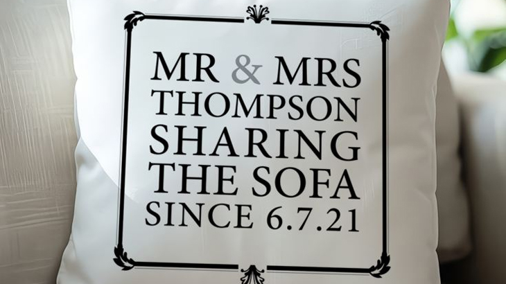 Mr & Mrs Sharing The Sofa personalised cushion on a sofa, customised with couple’s surname and wedding date, romantic gift idea