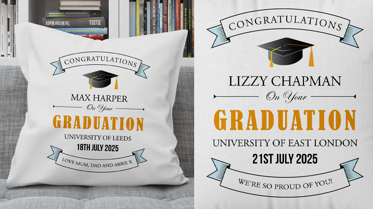 Personalised graduation cushion with custom name, university, graduation date, and message - thoughtful and unique graduation gift idea