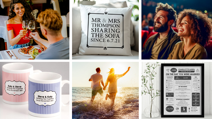 Selection of anniversary gifts including personalised mugs, prints, cushions, and gift experiences such as meals, getaways, and theatre shows, perfect for celebrating love and milestones