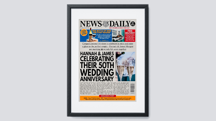 Personalised anniversary newspaper front page print, perfect for celebrating milestones and creating memorable keepsakes