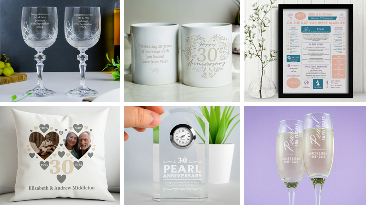Selection of 30th anniversary keepsake gift ideas including engraved glasses, mugs, cushions, prints, and clocks to celebrate three decades of love