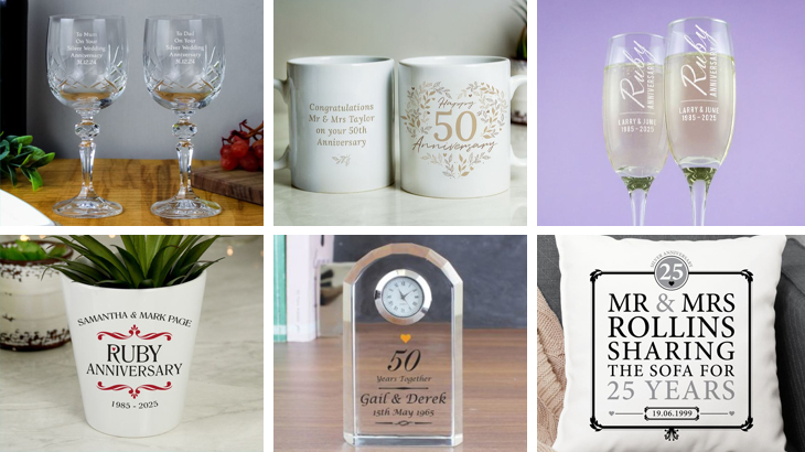 Personalised and engraved gift selection including glasses, mugs, cushions, plant pots, and clocks, perfect for thoughtful anniversary presents