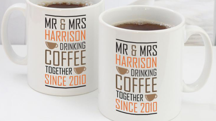 Pair of anniversary mugs with Mr & Mrs “drinking coffee together since” design, romantic personalised gift for couples
