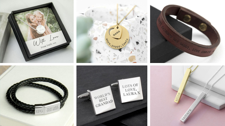 A range of personalised jewellery gifts including necklaces, men's bracelets and cufflinks