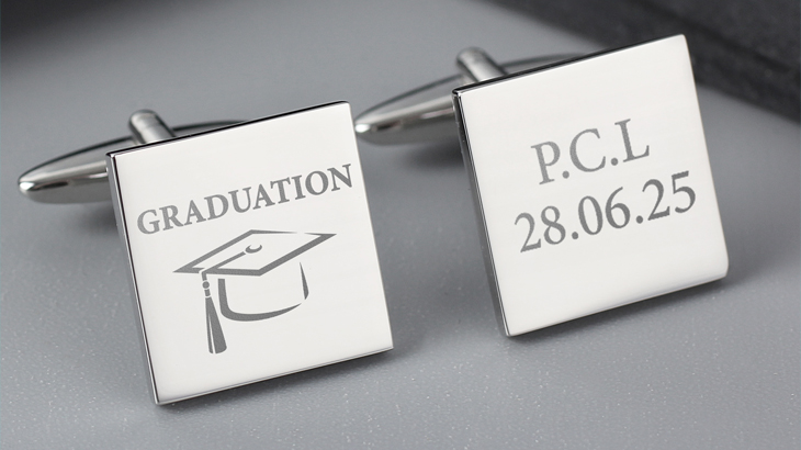 Personalised silver graduation cufflinks with mortar board design, initials, and graduation date – stylish keepsake gift for him