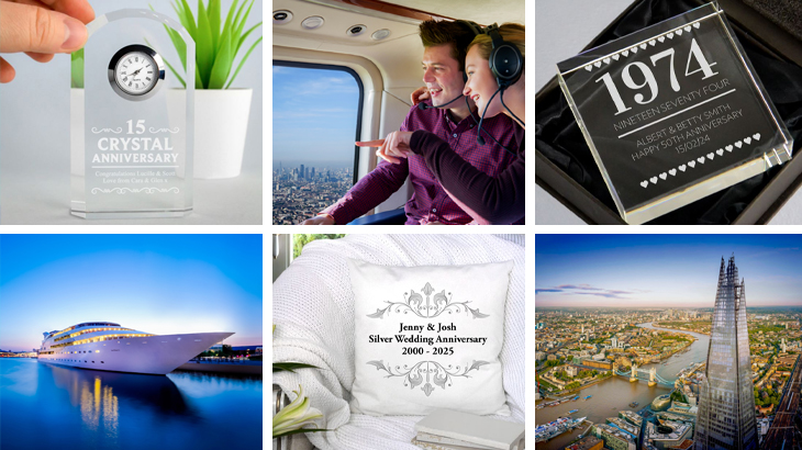 Selection of anniversary gifts including personalised cushions, clocks, keepsakes, and luxury experiences like helicopter rides, superyacht hotel stays, and views from The Shard, perfect for romantic celebrations