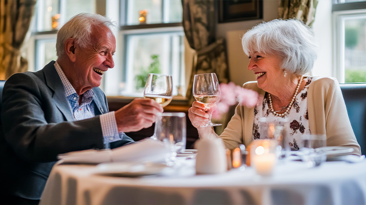 Senior couple enjoying a meal together and clinking wine glasses during a memorable gift experience, ideal for anniversaries and special occasions