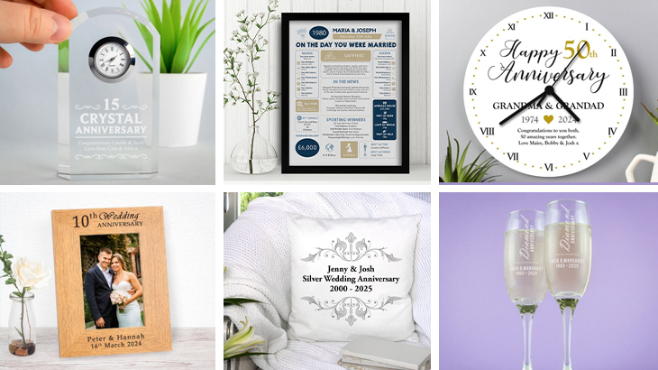 Selection of anniversary gifts including personalised cushions, clocks, prints, engraved photo frames, and champagne glasses, perfect for celebrating love and milestones