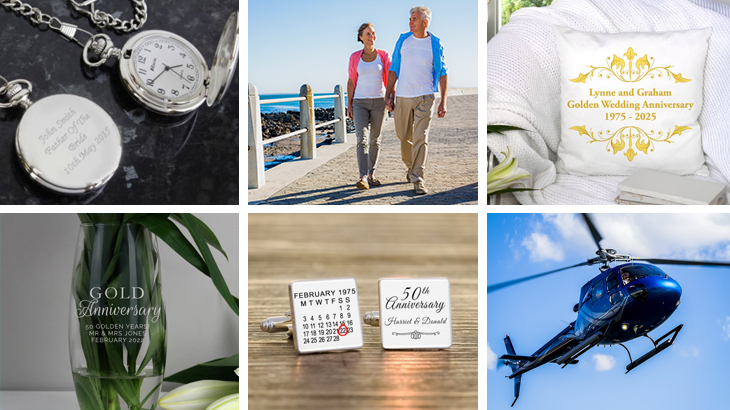 Selection of golden Christmas gift ideas for 50th wedding anniversary and golden anniversary holiday celebration