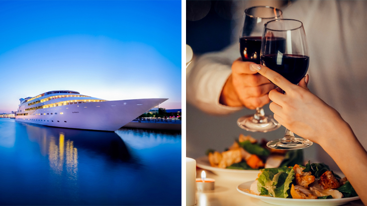 Sunborn Super Yacht Hotel in London with a romantic dinner for two, clinking wine glasses on deck