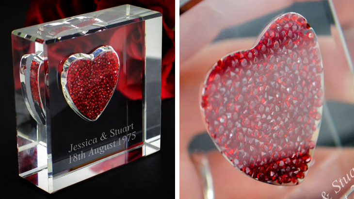 Personalised glass keepsake with red crystal heart, customised with two lines of message, romantic anniversary or wedding gift