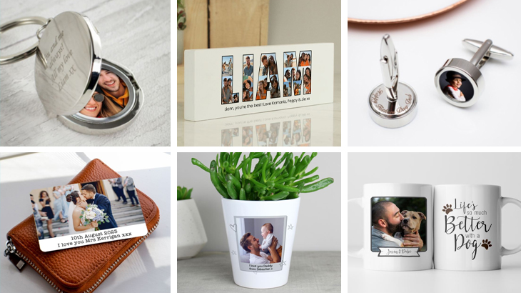 A range of personalised photo gifts from The Gift Experience including a keyring, wallet insert, mug, cufflinks, plant pot, and wooden mantel block