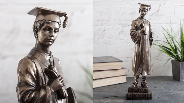 Bronze graduation figurine gift featuring graduate in cap and gown – classic keepsake ornament to celebrate academic achievement