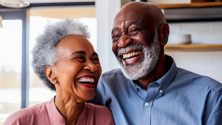 Happy senior couple laughing together celebrating 50th wedding anniversary and golden milestone of love