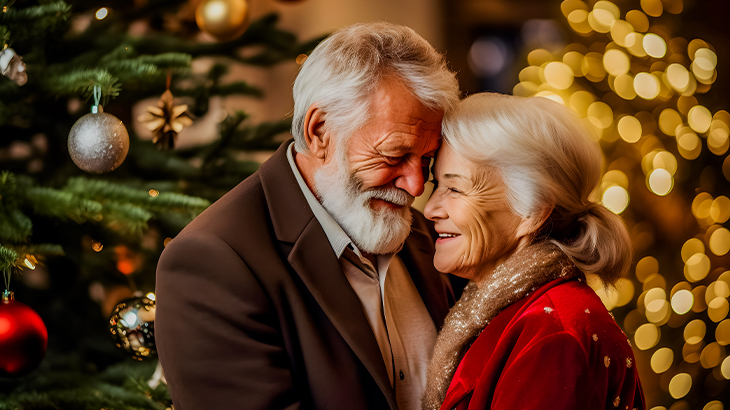 Senior couple cuddling lovingly with foreheads touching in front of Christmas tree and fairy lights celebrating 50th wedding anniversary and golden holiday season