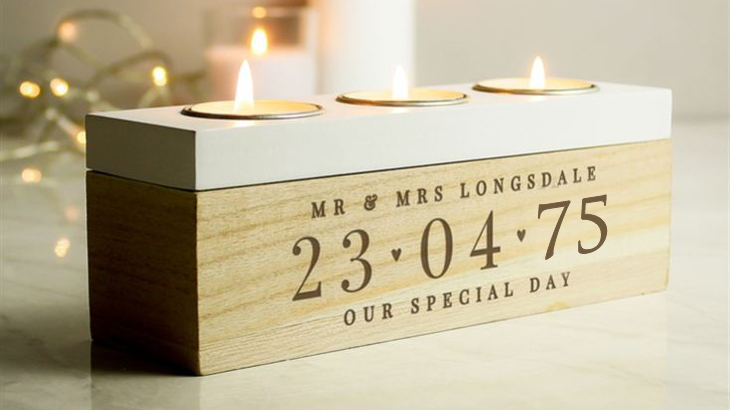 Personalised large date triple tealight box with 3 lit tealights, customised anniversary or wedding gift idea