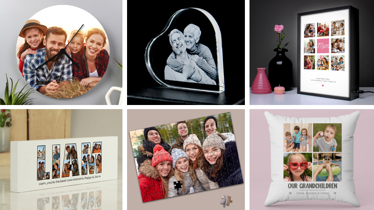 A range of personalised photo gifts including a clock, etched glass keepsake, light box, jigsaw puzzle, cushion and wooden mantel block