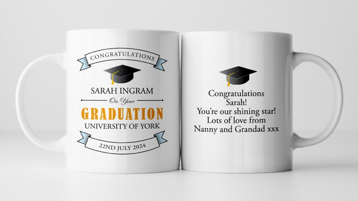 Personalised graduation mug with mortar board design, custom name, university, graduation date, and message