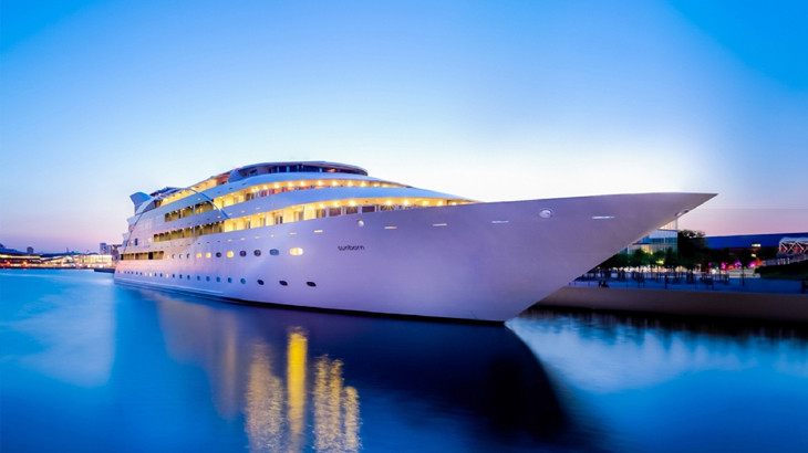 Superyacht hotel experience in London, featuring luxury stay and dinner on a floating five-star yacht, perfect for romantic getaways and special occasions
