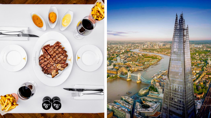 Bird’s-eye steak meal at Marco Pierre White London Steakhouse with aerial view of The Shard and London skyline
