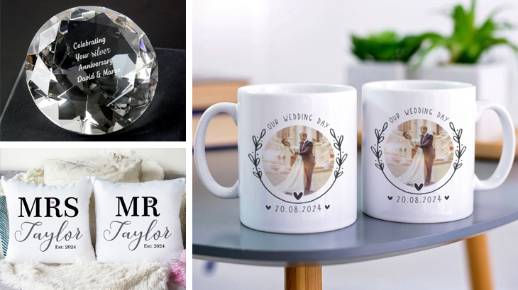 Personalised anniversary gifts including engraved crystal paperweight, wedding photo mugs, and Mr & Mrs cushions