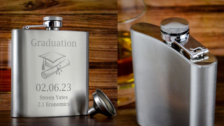 Personalised silver graduation hip flask engraved with mortar board and scroll design, custom date, and message