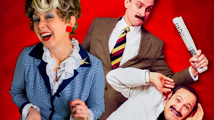 Basil, Sybil and Manuel cast photo on red background for Fawlty Towers Dining Experience London, immersive comedy dinner show